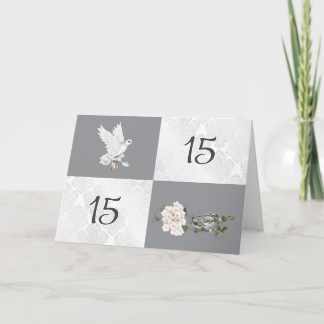 Cartão 15º Aniversário com Pombo e Alianças (Frente)