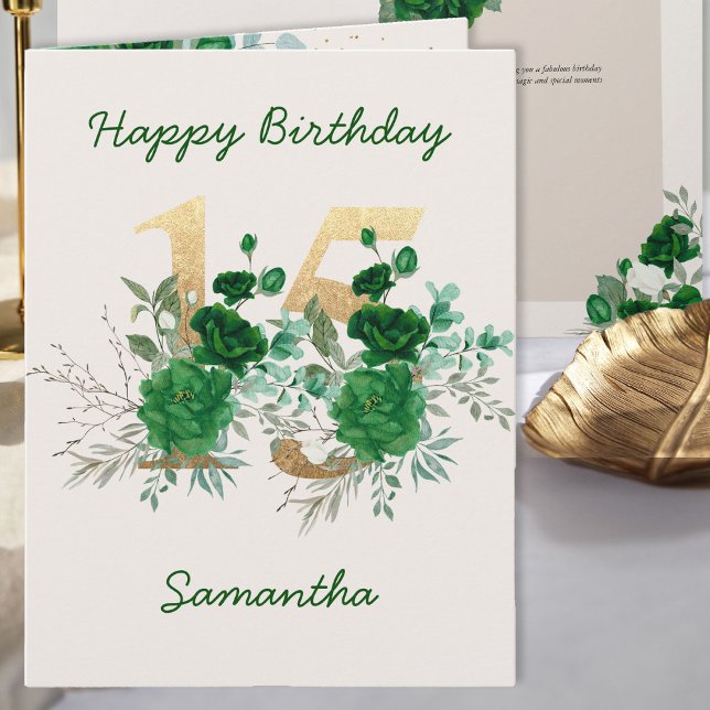 Cartão 15 Aniversário Dourado Número 15 Floral Personaliz (15th Birthday Card from the Royal Rose Emerald Green Quinceanera Collection by Darling & May)