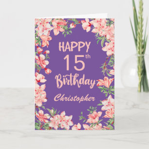 Cartão 15 Aniversário Púrpura Rosa Pêssego Pêssego Floral