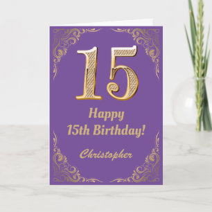 Cartão 15 Aniversário Roxo e Dourado Quadro Glitter
