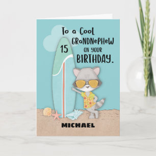 Cartão 15 anos, avô, Birthday Beach Funny Raccoon