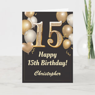 Cartão 15 Birthday Black and Dourado Balloons Confetti