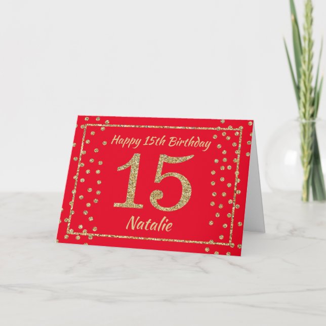 Cartão 15 Birthday Red and Dourado Glitter Confetti Card (Frente)