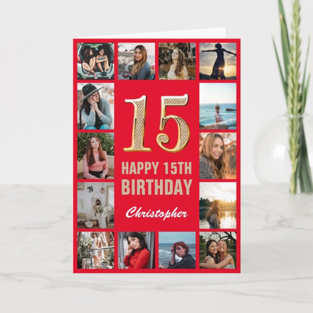 Cartão 15 Happy Birthday Red and Dourado Photo Collage (Frente)