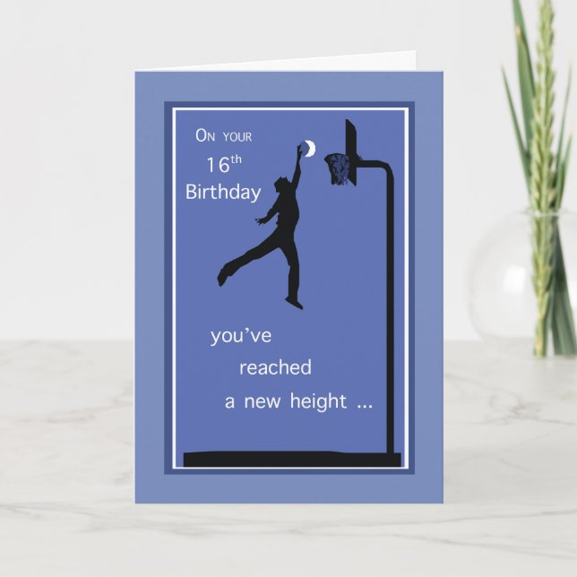 Cartão 16º Aniversário - Garoto de Basquete Alcançando em (Frente)