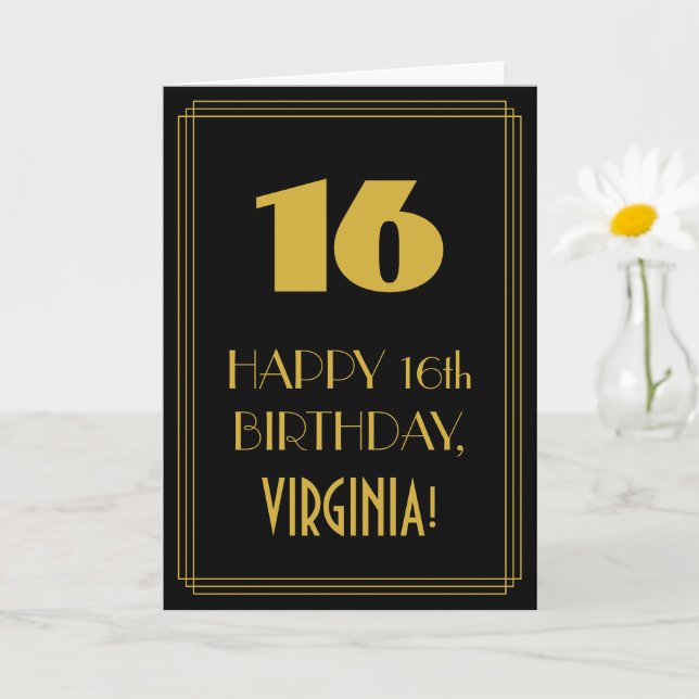 Cartão 16.º aniversário - Art Deco Inspirou "16" & Nome (Planta pequena)