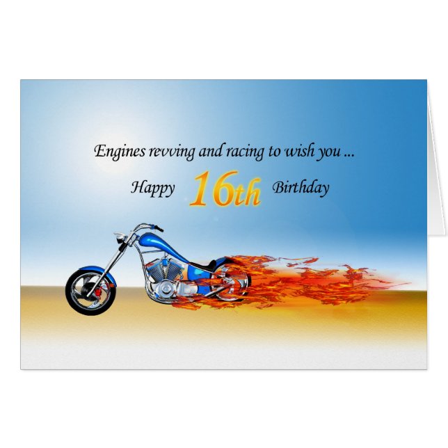 Cartão 16.º Aniversário com Motocicleta Voadora (Frente Horizontal)