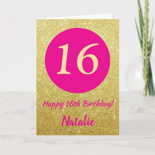 Cartão 16.º aniversário feliz rosa quente e Dourado
