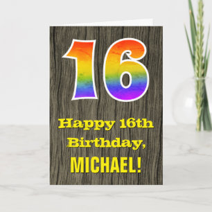 Cartão 16.º aniversário: Rustic Faux Wood Look, Rainbow "
