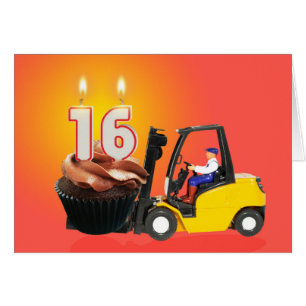 Cartão 16o Aniversário com cupcake, velas e empilhadeira