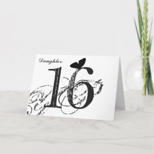 Cartão 16os aniversário, filha, borboleta, preto & branc