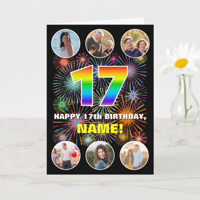 Cartão 17º aniversário: Divertido Rainbow #, Personalizar (Planta pequena)