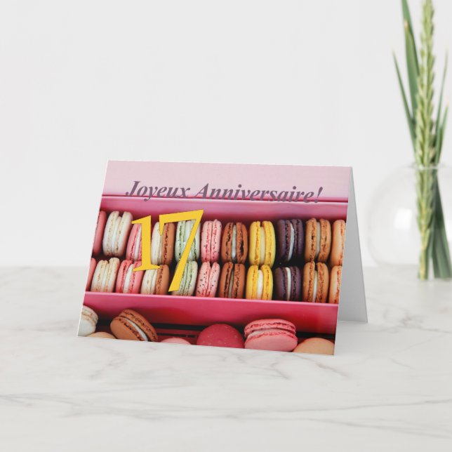 Cartão 17º aniversário francês Macaron-Joyeux Anniversair (Frente)