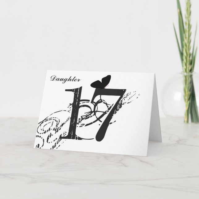 Cartão 17os aniversário, filha, borboleta, preto & branco (Frente)
