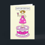Cartão 18º aniversário do Cartoon Lady on Giant Cake<br><div class="desc">Uma senhora de desenho animado em cima de um bolo gigante dizendo 'Feliz 18º aniversário'.</div>
