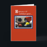 Cartão 18º aniversário do Esporte, bolas, vermelho<br><div class="desc">Mande desejos de aniversário em 18 anos com este cartão vermelho. Quer gostem de golfe ou de futebol, de hóquei ou de futebol, esta carta será perfeita! Este cartão de aniversário é para o desportista que ou joga como atleta, ou é espectador de esportes. Vários tipos de bolas são mostrados...</div>