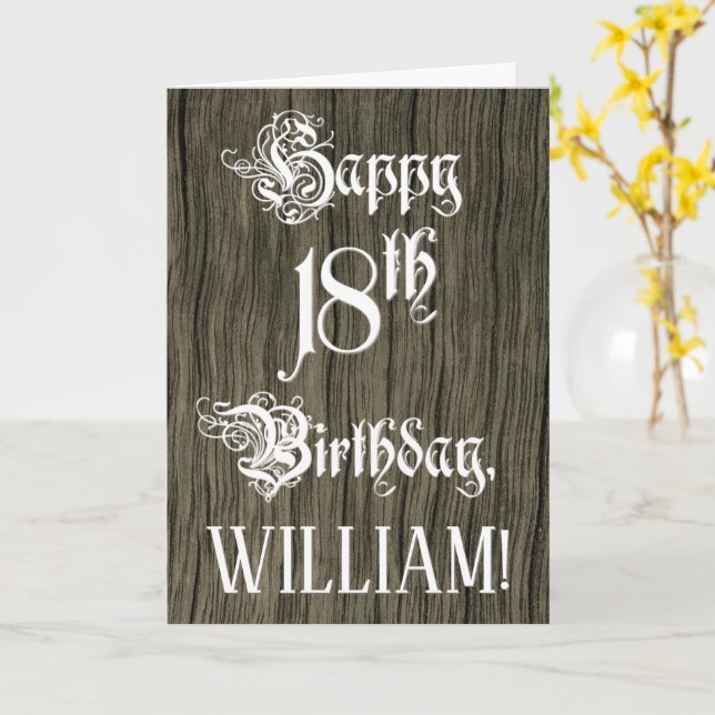 Cartão 18th Birthday: Fancy, Elegant Text; Faux Wood Look (Flor Amarela)