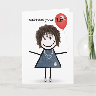 Cartão 19ª Rapariga de aniversário com Balão Vermelho