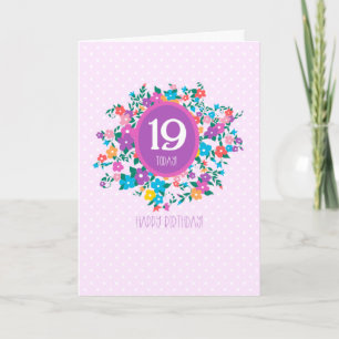 Cartão 19º Aniversário com Flores e Bolinhas