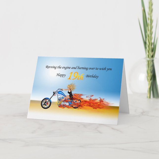 Cartão 19º aniversário com motocicleta chamadora (Frente)
