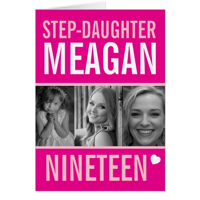 Cartão 19º aniversário três fotos cor-de-rosa (Frente)