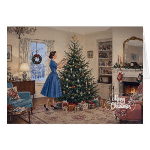 Cartão 1950 Senhora Decorando Árvore de Natal