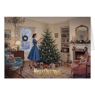 Cartão 1950 Senhora Decorando Árvore de Natal Feliz Natal