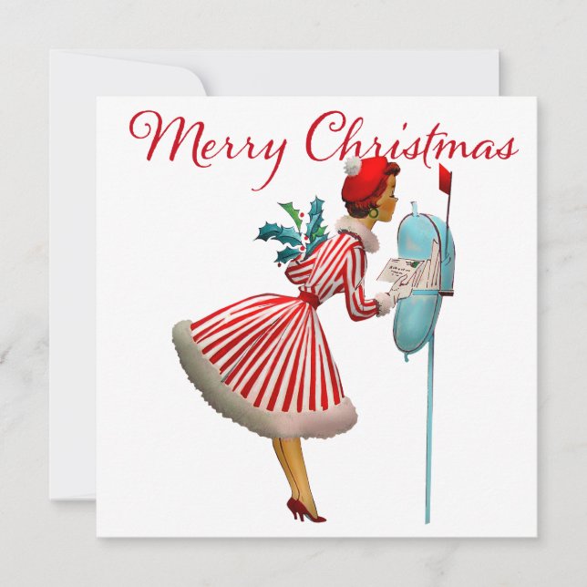 Cartão 1950 Vintage Lady Checking Christmas Mail (Frente)