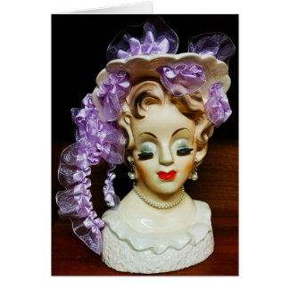 Cartão 1950s MCM Beauty Hat Purple Ribbons Lady Head Vase