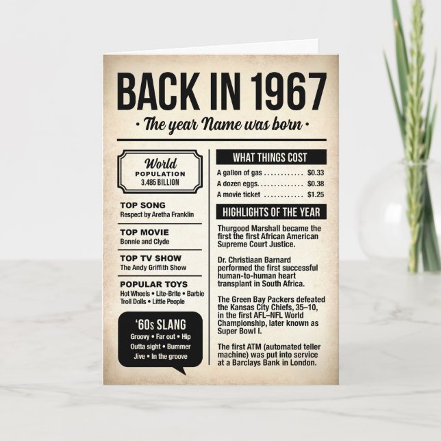 Cartão 1967 Back in the Day, Fun Facts Birthday Card (Frente)