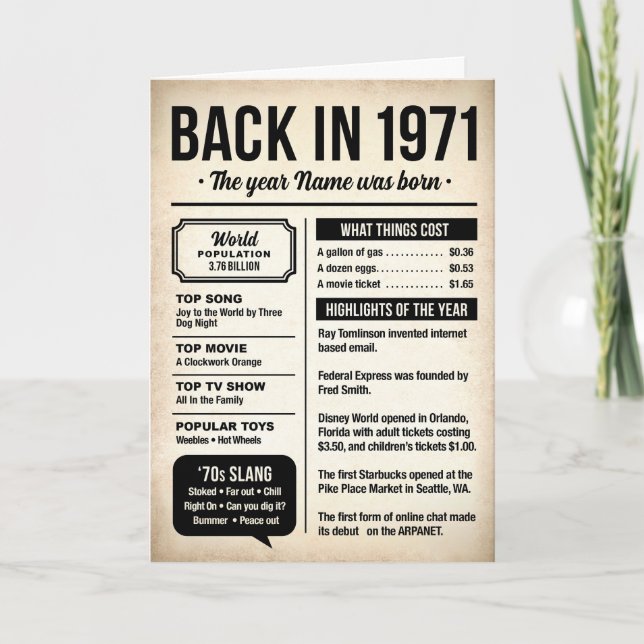 Cartão 1971 Back in the Day, Fun Facts Birthday Card (Frente)