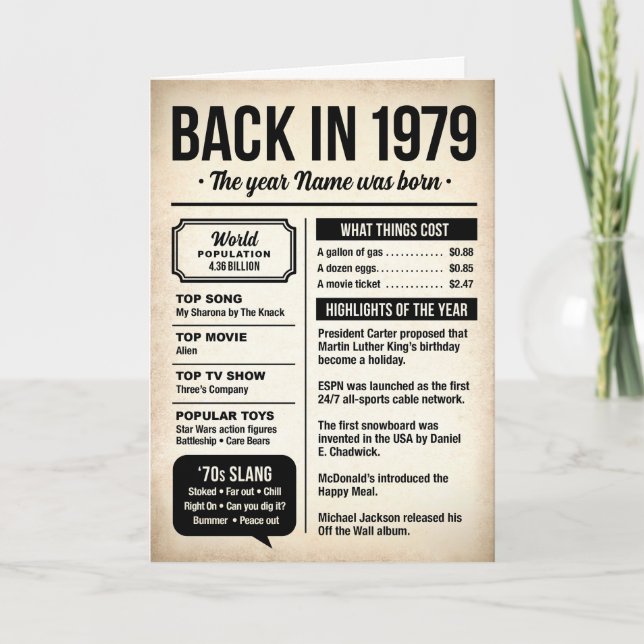 Cartão 1979 Back in the Day, Fun Facts Birthday Card (Frente)