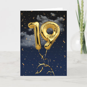 Cartão 19.º Aniversário do Balão Mylar Dourado e do Ca