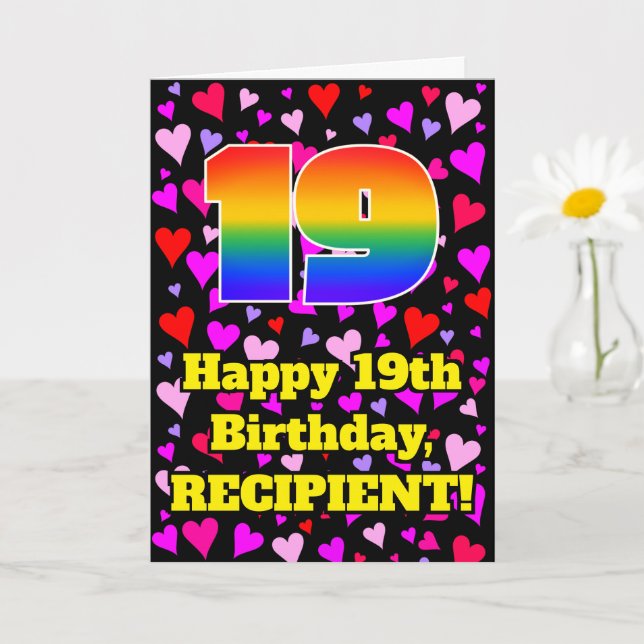 Cartão 19th Birthday: Loving Hearts Pattern, Rainbow # 19 (Planta pequena)