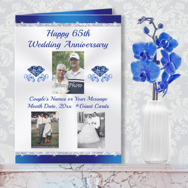 Cartão 1, 2 ou 3 FOTO, 65.ª Carta de Aniversário de Casam (Blue Sapphire 65th Wedding Anniversary Cards. 65th wedding anniversary cards for mum and dad.)