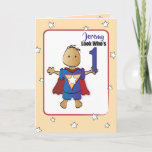 Cartão 1 Cartoon Birthday Card para Super Boy<br><div class="desc">Deseje ao Super Little Boy um primeiro aniversario divertido com este cartão que você pode personalizar para ele</div>