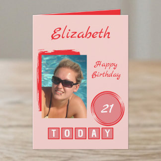 Cartão 1 nome de foto vermelho rosa aniversário de 21 ano