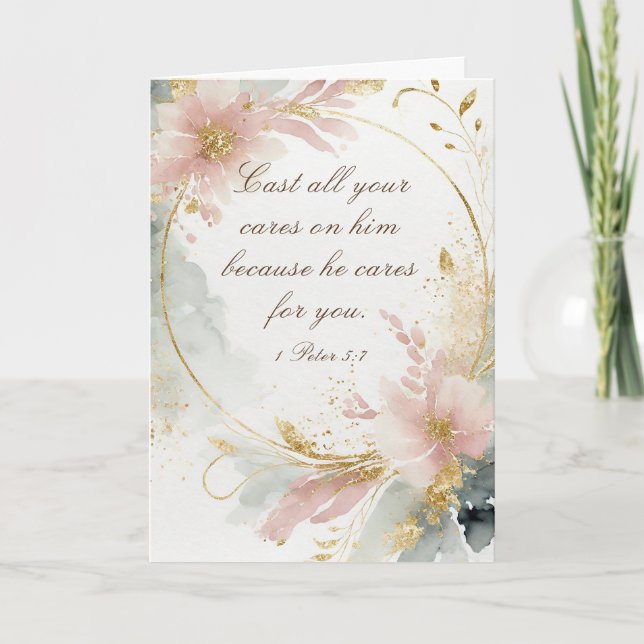 Cartão 1 Peter 5:7 Confira todas as suas preocupações com (Frente)