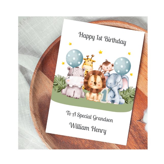 Cartão 1st Birthday Boy Safari Leaf Animals Card (Criador carregado)