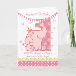 Cartão 1st Birthday Pink Elephant Card, Babys 1st