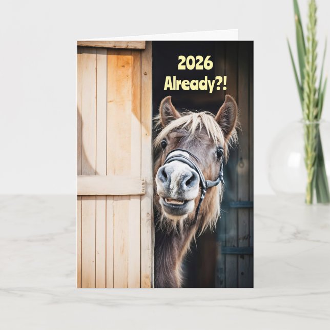 Cartão 2025 Happy New Year Cute Fuzzy Pony Horse Barn (Frente)