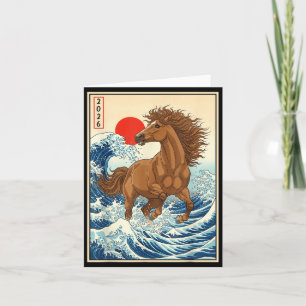 Cartão 2026 Ano Do Cavalo Arte De Onda Japonesa Ano Novo 