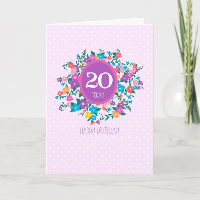 Cartão 20 Aniversário com Flores e Bolinhas Card (Frente)