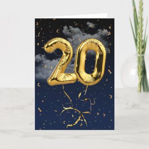 Cartão 20 Birthday Dourado Mylar Balloon e Confetti Card