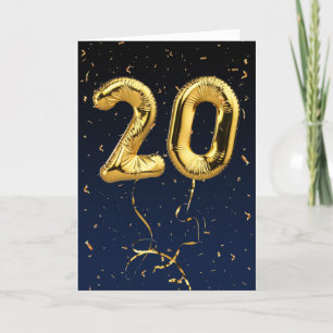 Cartão 20 Birthday Dourado Mylar Balloon e Confetti Card