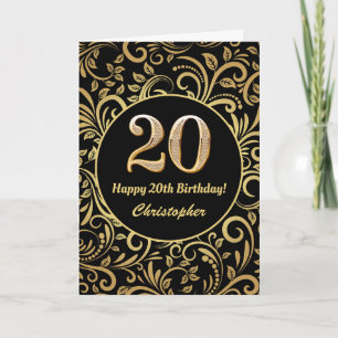 Cartão 20 Birthday - Padrão Floral Dourado e Preto