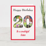 Cartão 20 Birthday Photo Collage Sister Keepsasak Exclusi<br><div class="desc">Comemore o aniversário de 20 da sua irmã, com um cartão que é uma colagem de fotos especial e única. Este maravilhoso cartão de aniversário para aquela irmã especial tem os 20 feitos de suas próprias fotos de família. A modelo foi projetada para você editar "Para uma irmã maravilhosa" para...</div>