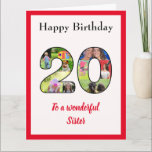 Cartão 20 Birthday Photo Collage Sister Single Large<br><div class="desc">Comemore o aniversário de 20 da sua irmã, com um cartão grande que é uma colagem de fotos especial e única. Este maravilhoso cartão de aniversário para aquela irmã especial tem os 20 feitos de suas próprias fotos de família. A modelo foi projetada para você editar "Para uma irmã maravilhosa"...</div>