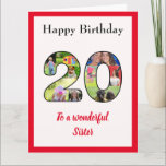 Cartão 20 Birthday Photo Collage Sister Single Large<br><div class="desc">Comemore o aniversário de 20 da sua irmã, com um cartão grande que é uma colagem de fotos especial e única. Este maravilhoso cartão de aniversário para aquela irmã especial tem os 20 feitos de suas próprias fotos de família. A modelo foi projetada para você editar "Para uma irmã maravilhosa"...</div>