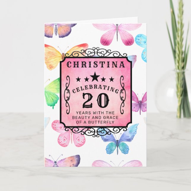 Cartão 20 Birthday Pink Watercolor Butterfly Saudação (Frente)